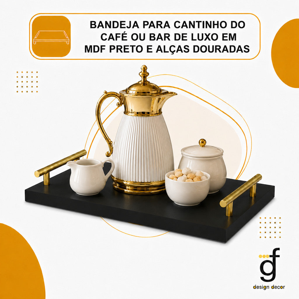 Bandeja Cafelle em MDF Preto com Alças Douradas | Cafelle