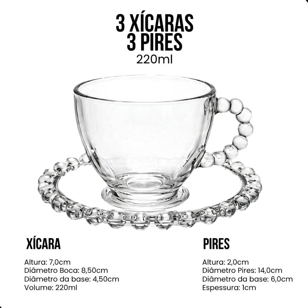 Jogo 6 Xícaras com Pires em Vidro 220ml - detalhe 3