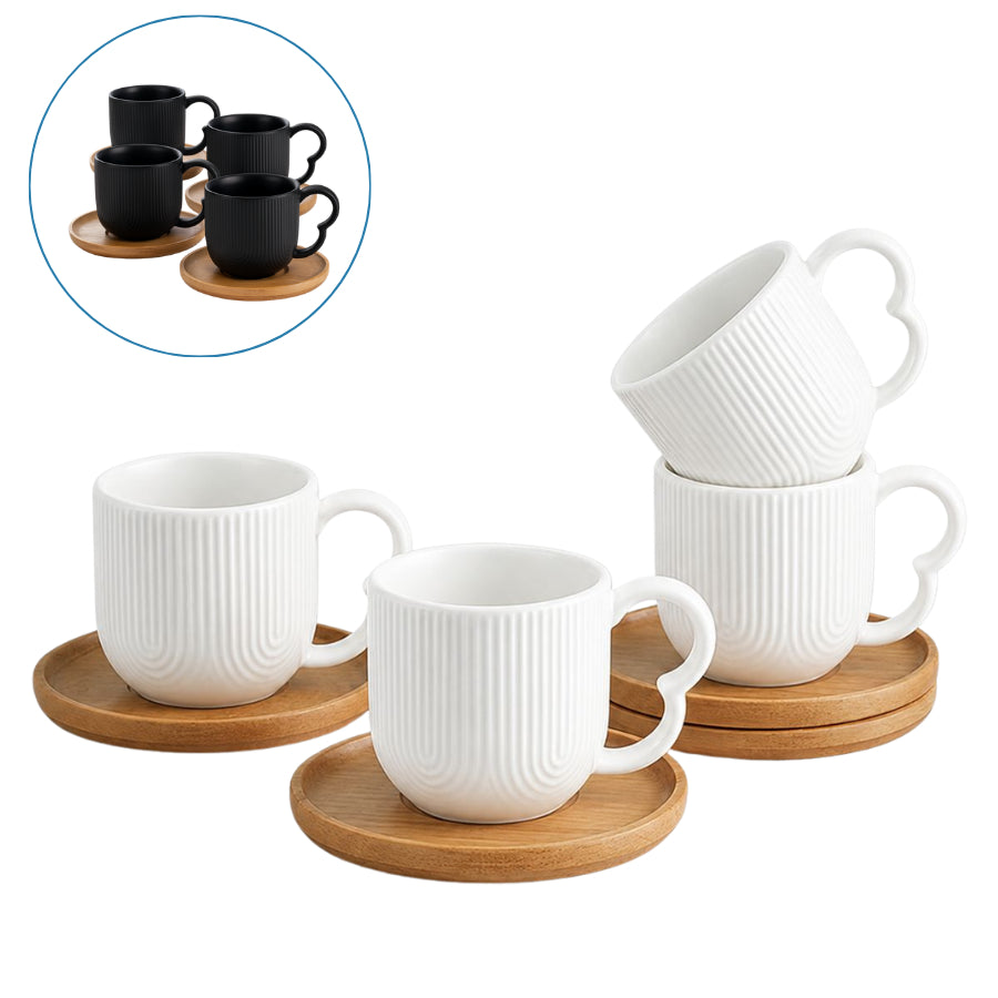 Jogo 4 Xícaras de Porcelana com Pires de Bambu 90ml | Cafelle