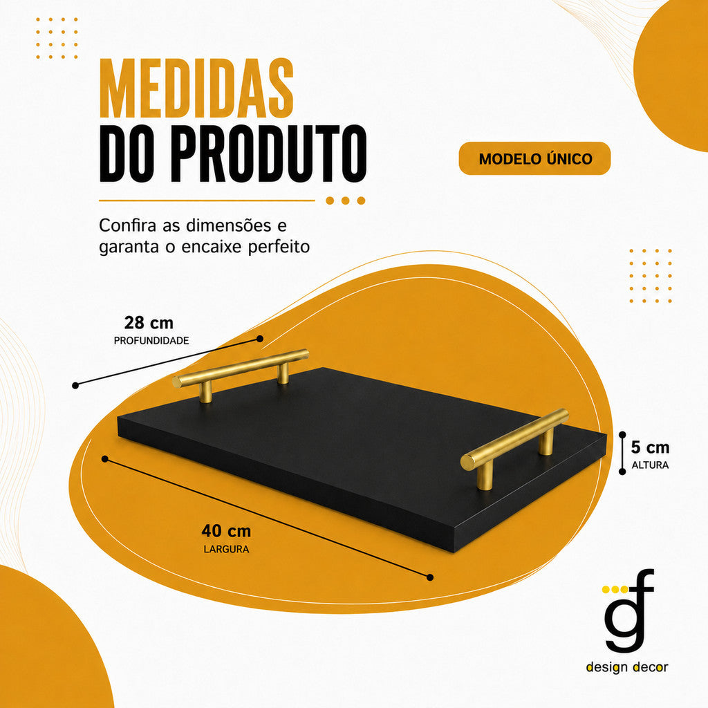 Bandeja Cafelle em MDF Preto com Alças Douradas - detalhe 2